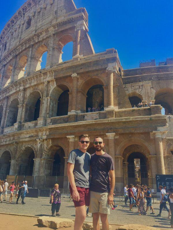 Blake and Micah a gay couple that wants to adopt, in front of roman ruins