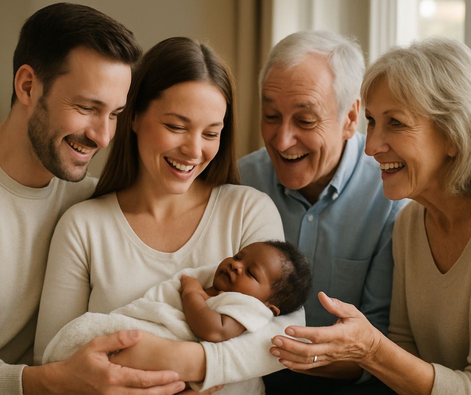 white adoptive parents introducing adopted baby to extended family