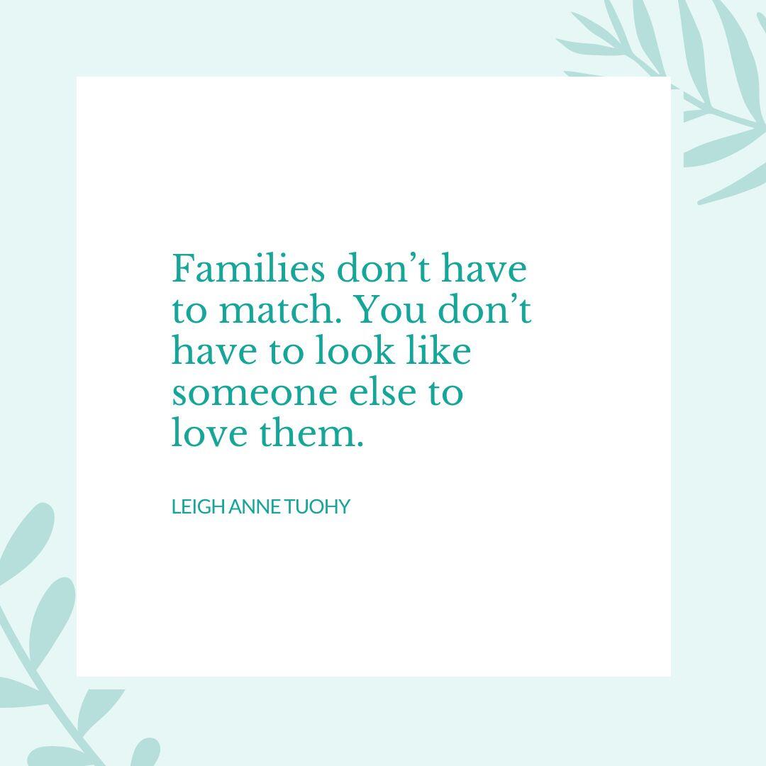 Image reads quote: Families don’t have to match. You don’t have to look like someone else to love them.